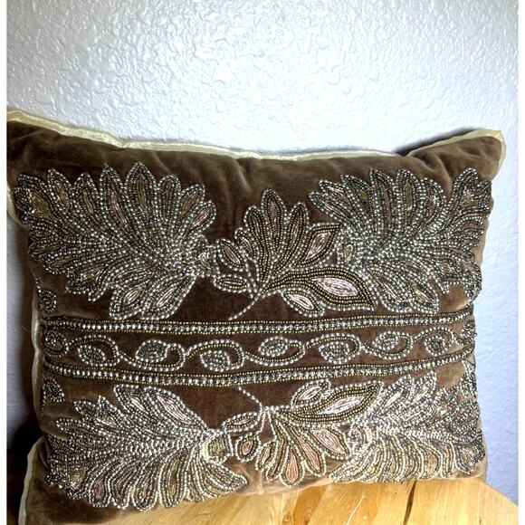 Pier 1 Brown and Gold Beaded Rectangular Shiny Pillow 15 x 12 - Picture 8 of 12